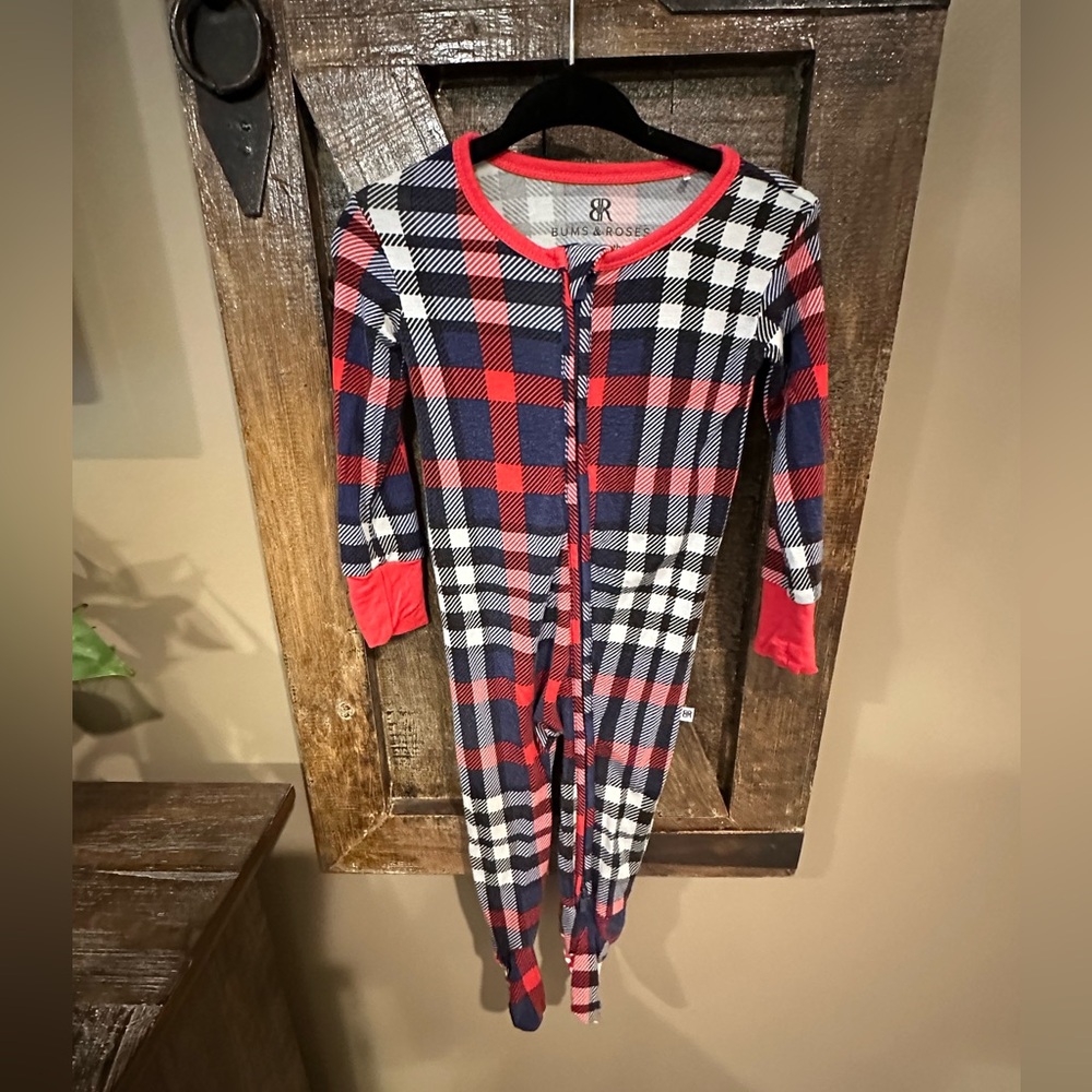 Bums & (and) Roses plaid Christmas footie onsie